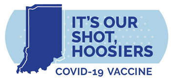 A blue bandaid with a darker blue silhouette of Indiana and text reading It's Our Shot, Hoosiers